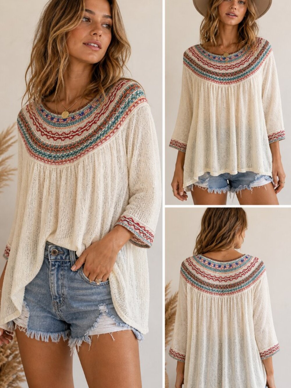 Free People Cream Embroidered Yoke Knit Top XS Boho Peasant Festival Blouse - Picture 1 of 10